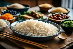 a table with bowls of rice, chopsticks and other foods. AI-Generated photo