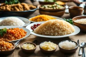 various types of rice and other foods on a table. AI-Generated photo