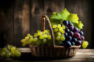 grapes in a basket on a wooden table. AI-Generated photo