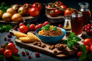 espaguetis, Tomates, y otro ingredientes en un mesa. generado por ai foto