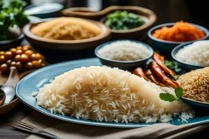 a variety of rice dishes on a table. AI-Generated photo