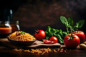 spaghetti with tomatoes and vegetables on a wooden table. AI-Generated photo