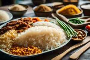 a variety of rice, meat and vegetables are arranged on a wooden table. AI-Generated photo