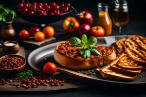 baked bread with tomato sauce and cheese on a plate. AI-Generated photo