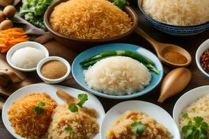 various types of rice dishes are arranged on a table. AI-Generated photo