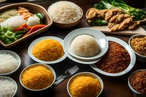 various dishes of rice, chicken, vegetables and other foods. AI-Generated photo