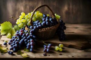 grapes in a basket on a wooden table. AI-Generated photo