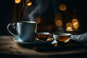 a cup of coffee and a cup of tea on a wooden table. AI-Generated photo