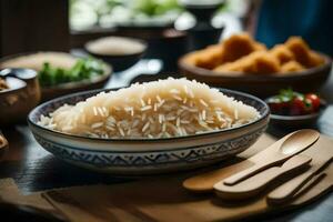 a bowl of rice with chopsticks and other dishes. AI-Generated photo