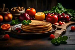 pancakes on a plate with fruits and vegetables. AI-Generated photo