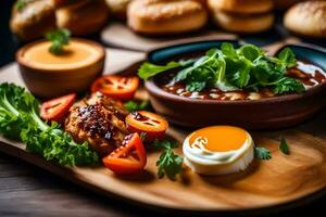 a wooden tray with bread, soup and vegetables. AI-Generated photo