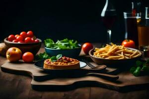 food on a wooden table with glasses of wine. AI-Generated photo