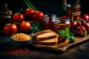 the food is on a wooden board with tomatoes, bread, cheese, and spices. AI-Generated photo