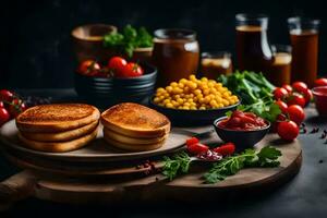 comidas en un de madera tablero con Tomates, maíz y otro ingredientes. generado por ai foto