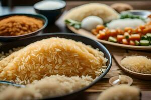 various types of rice and other ingredients on a table. AI-Generated photo