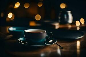 un taza de té en un de madera mesa con bokeh luces. generado por ai foto