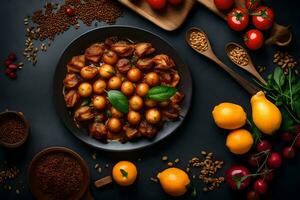 a plate of food with tomatoes, olives and spices. AI-Generated photo