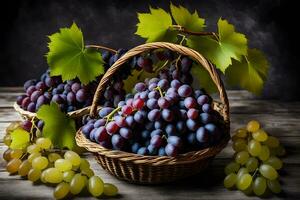 grapes in a basket on a wooden table. AI-Generated photo