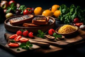 grilled bread with vegetables and fruit on a dark background. AI-Generated photo