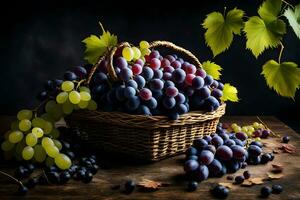 grapes in a basket on a dark table. AI-Generated photo