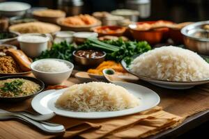 various types of rice dishes on a table. AI-Generated photo