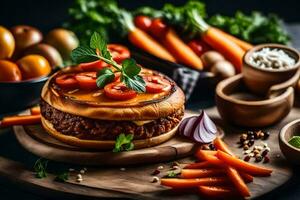 a hamburger with vegetables and other ingredients. AI-Generated photo