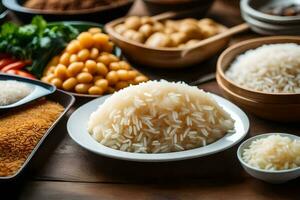 various types of rice and other ingredients on a table. AI-Generated photo