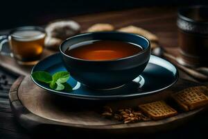 a cup of tea on a wooden table. AI-Generated photo