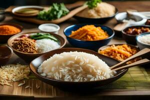 various types of rice and other ingredients on a table. AI-Generated photo