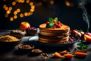 pancakes with berries and spices on a dark table. AI-Generated photo