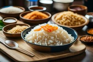 a wooden table with bowls of rice, spices and other ingredients. AI-Generated photo