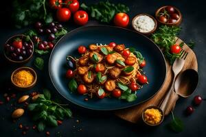 spaghetti with meatballs and tomatoes on a black background. AI-Generated photo