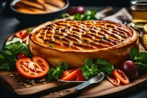 a pie with vegetables and tomatoes on a wooden cutting board. AI-Generated photo