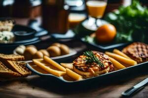 comida en un mesa con pan, queso y otro alimento. generado por ai foto