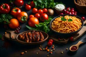 pasta con Tomates, albahaca y otro ingredientes en un negro antecedentes. generado por ai foto