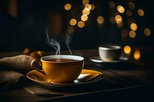 a cup of tea on a wooden table with a candle. AI-Generated photo