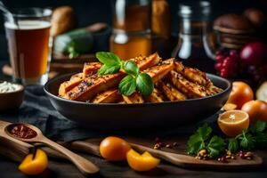 grilled chicken in a bowl with vegetables and spices. AI-Generated photo