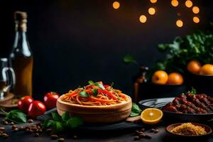 spaghetti with meat and vegetables on a wooden table. AI-Generated photo