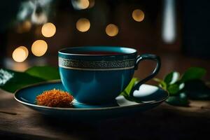 a cup of tea on a wooden table with a light background. AI-Generated photo