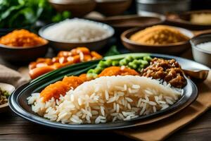 a plate of rice, vegetables and other foods. AI-Generated photo