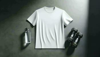 Gym fitness blank white t shirt on the floor with dumbbells and a metallic water bottle mockup template photo, ai generated photo