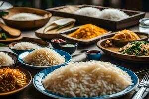 various types of rice are arranged on a table. AI-Generated photo