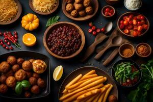 various foods are arranged on a table. AI-Generated photo