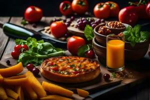 a pizza, fruit and vegetables on a wooden table. AI-Generated photo