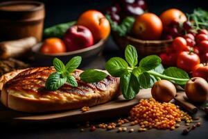 comida en un de madera tablero con especias y vegetales. generado por ai foto