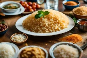 various types of rice on a table. AI-Generated photo