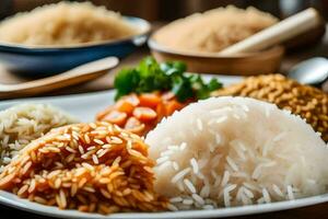 various types of rice are shown on a plate. AI-Generated photo