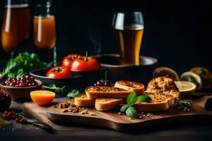 food and drink on a wooden board. AI-Generated photo