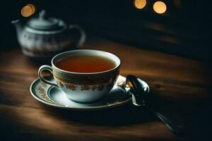 a cup of tea on a wooden table. AI-Generated photo