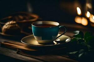 a cup of tea on a wooden table with candles, a candle, a cup, tea,. AI-Generated photo